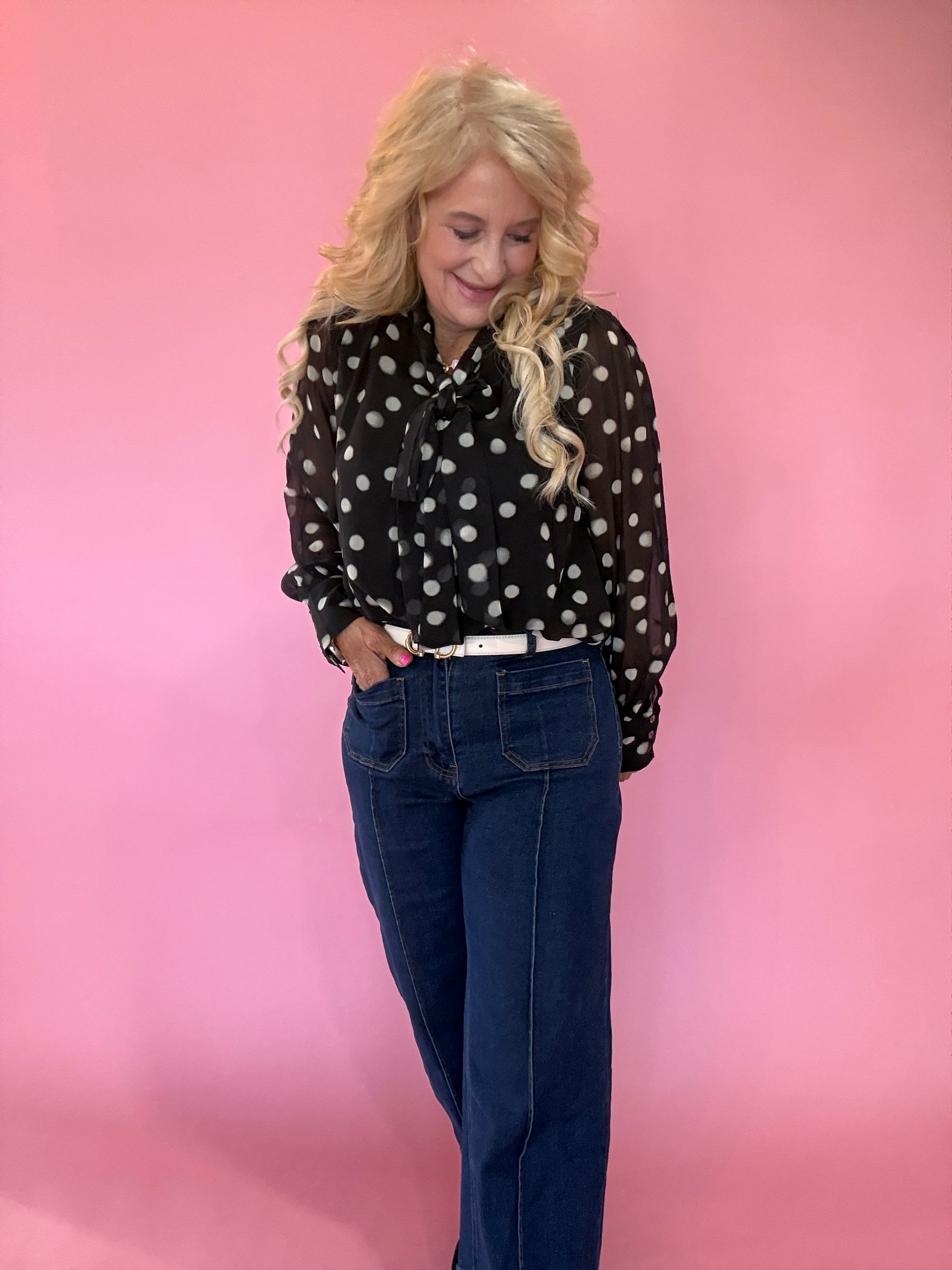Polka Dot Scarf-Tie Neck Blouse