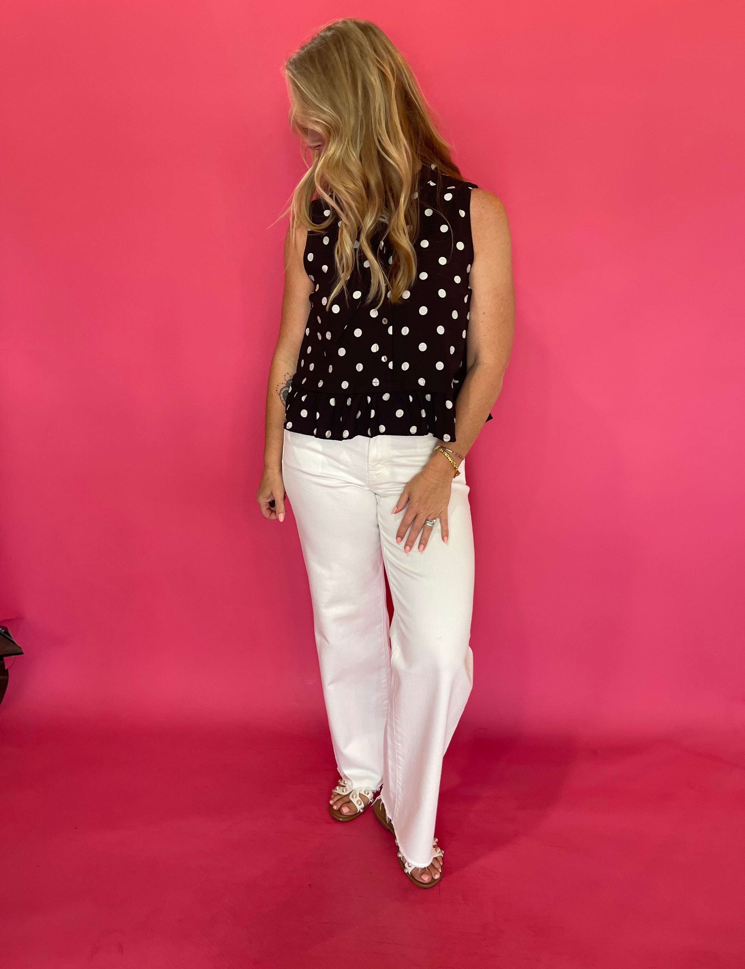 Polka Dot Tie Neck Sleeveless Blouse