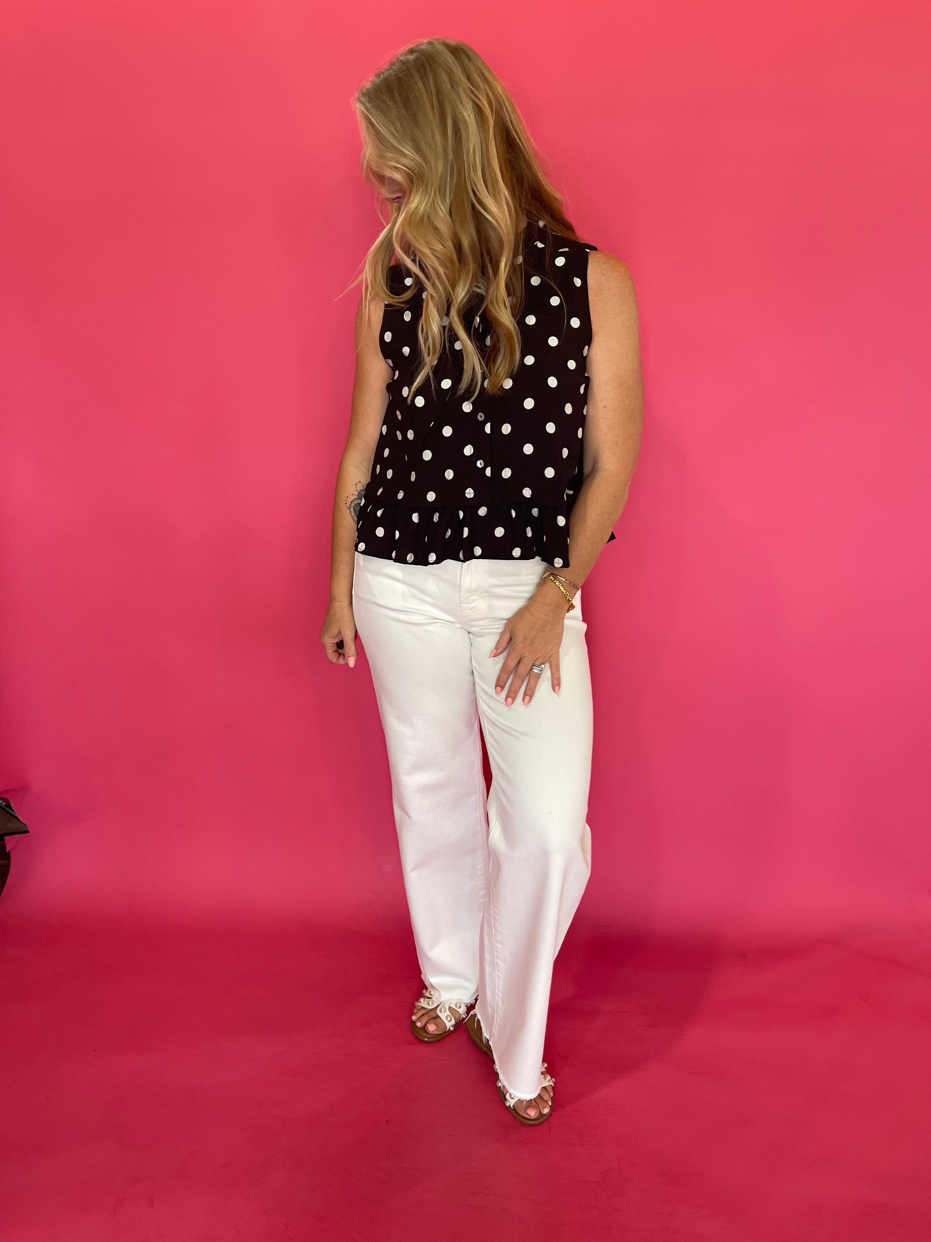 Polka Dot Tie Neck Sleeveless Blouse