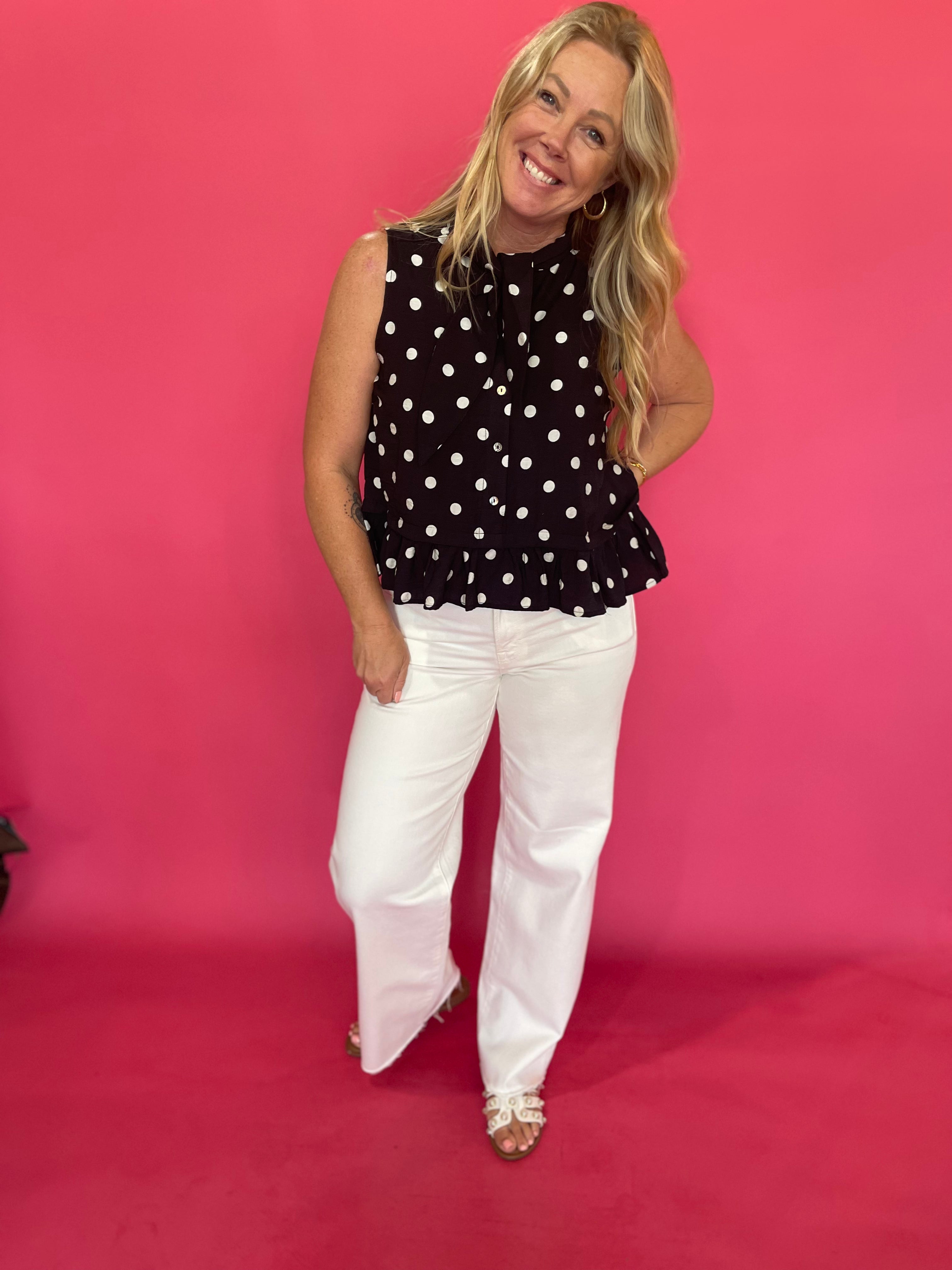 Polka Dot Tie Neck Sleeveless Blouse