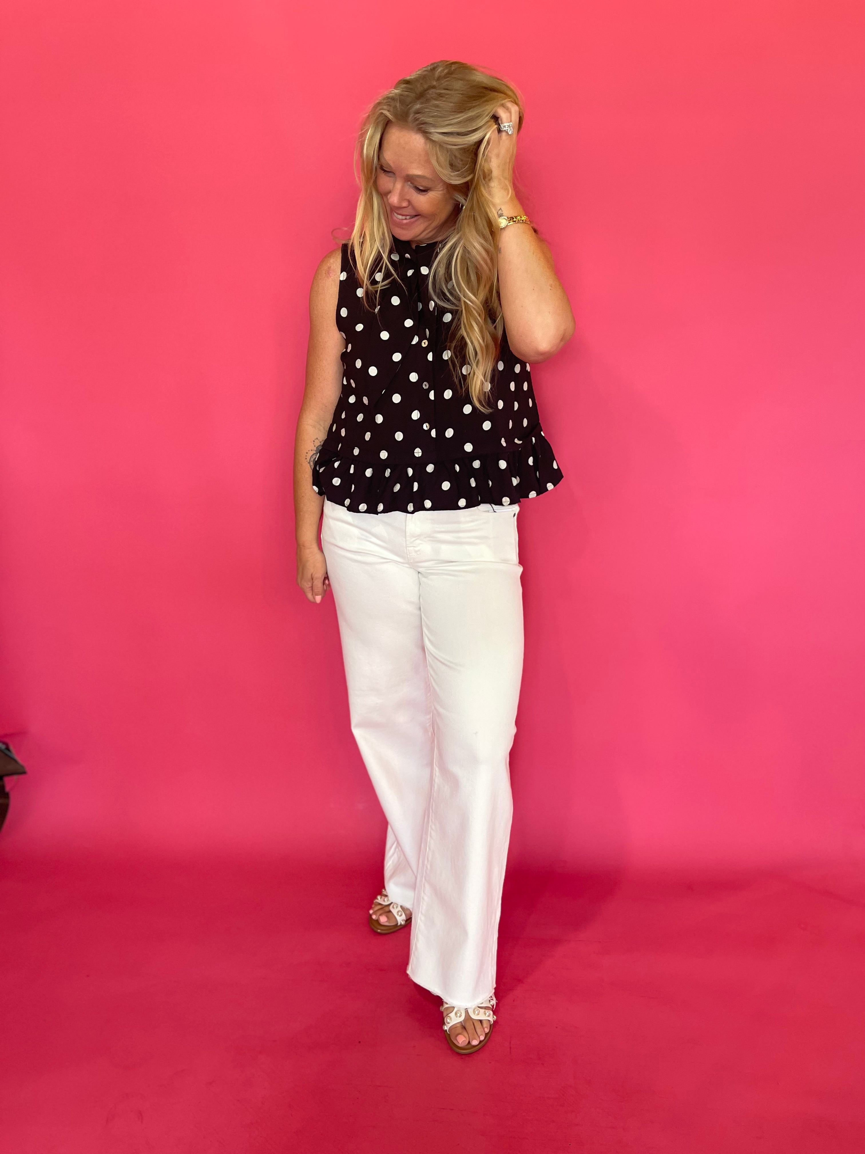Polka Dot Tie Neck Sleeveless Blouse