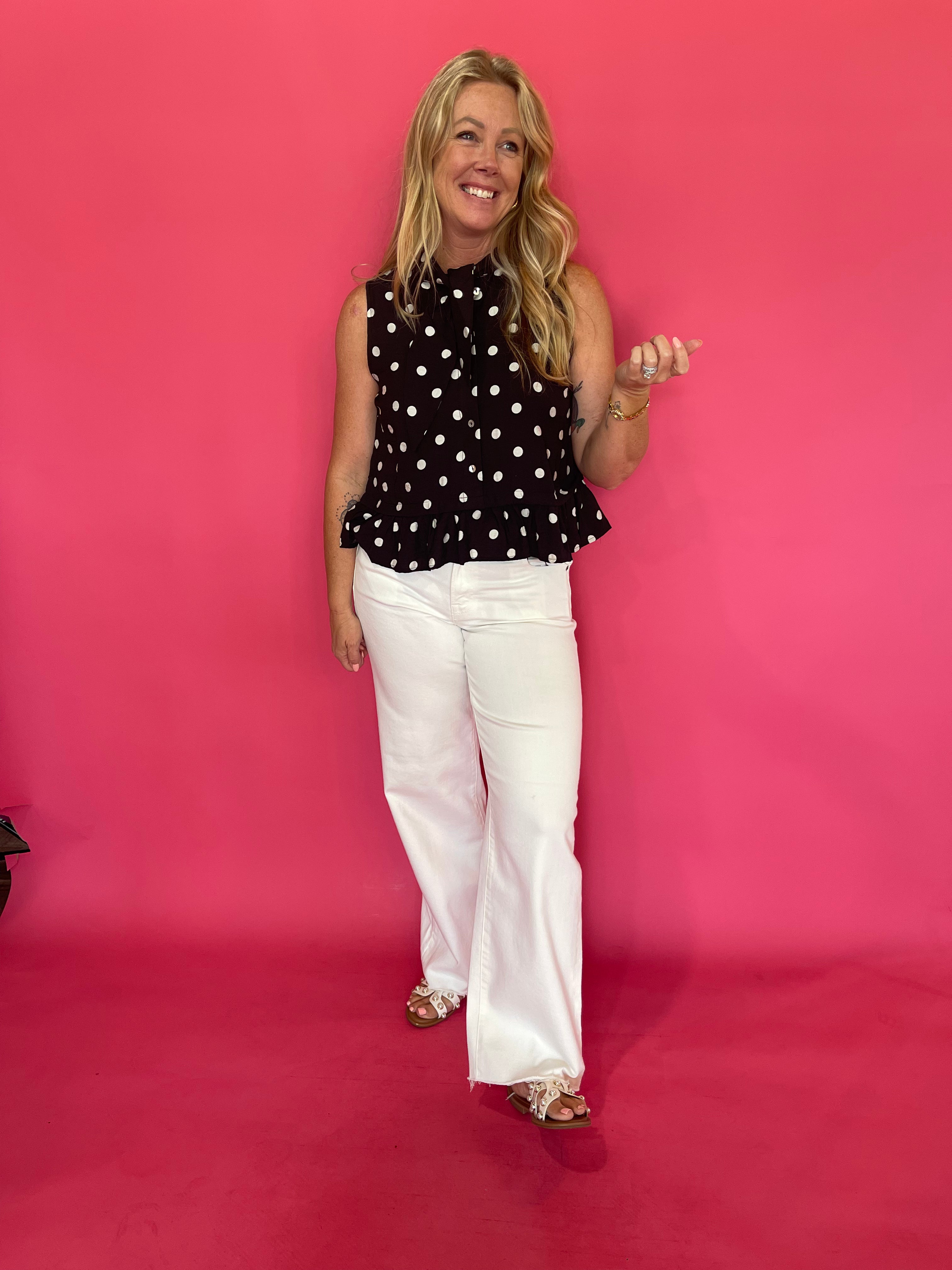 Polka Dot Tie Neck Sleeveless Blouse
