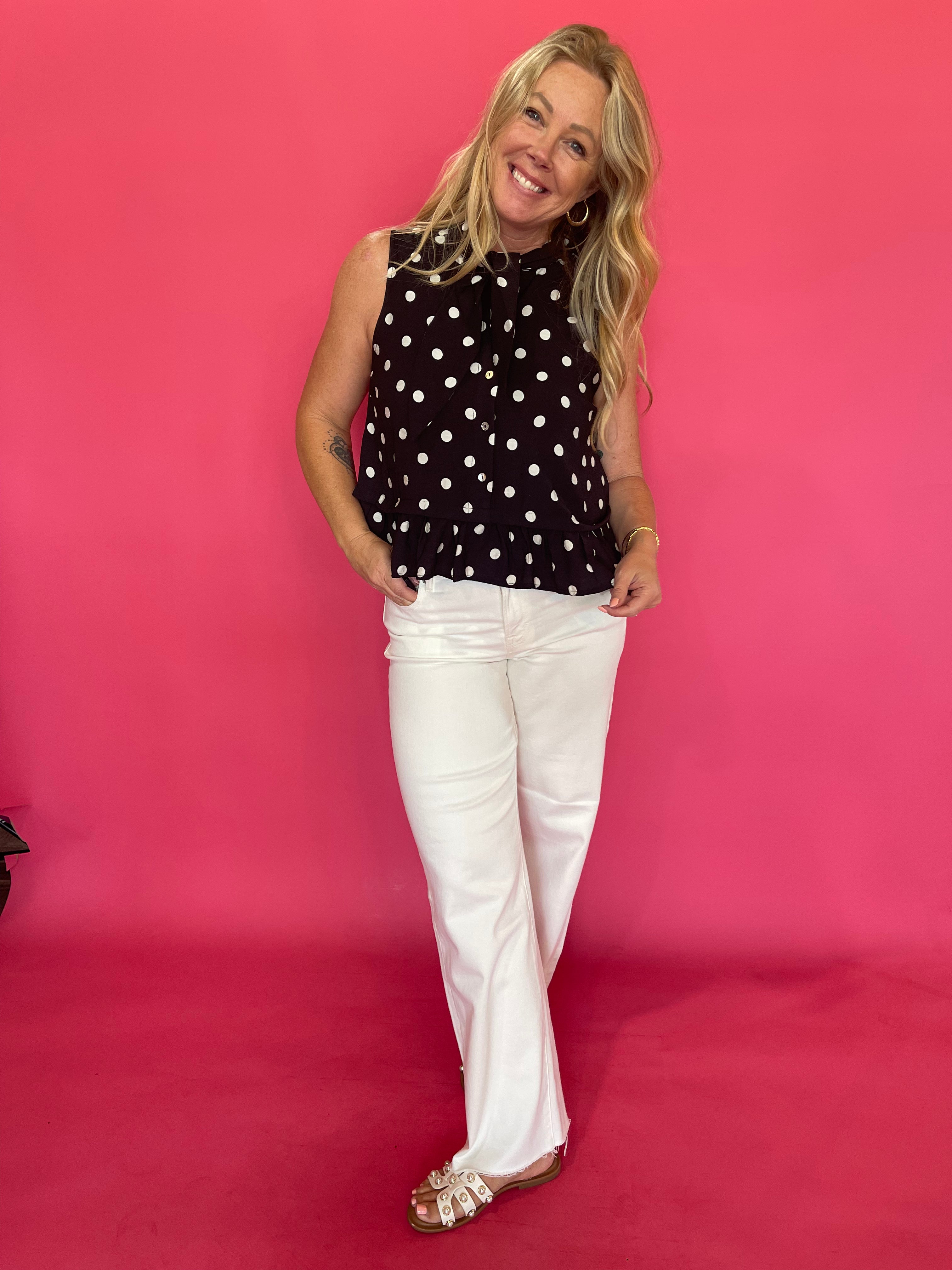 Polka Dot Tie Neck Sleeveless Blouse