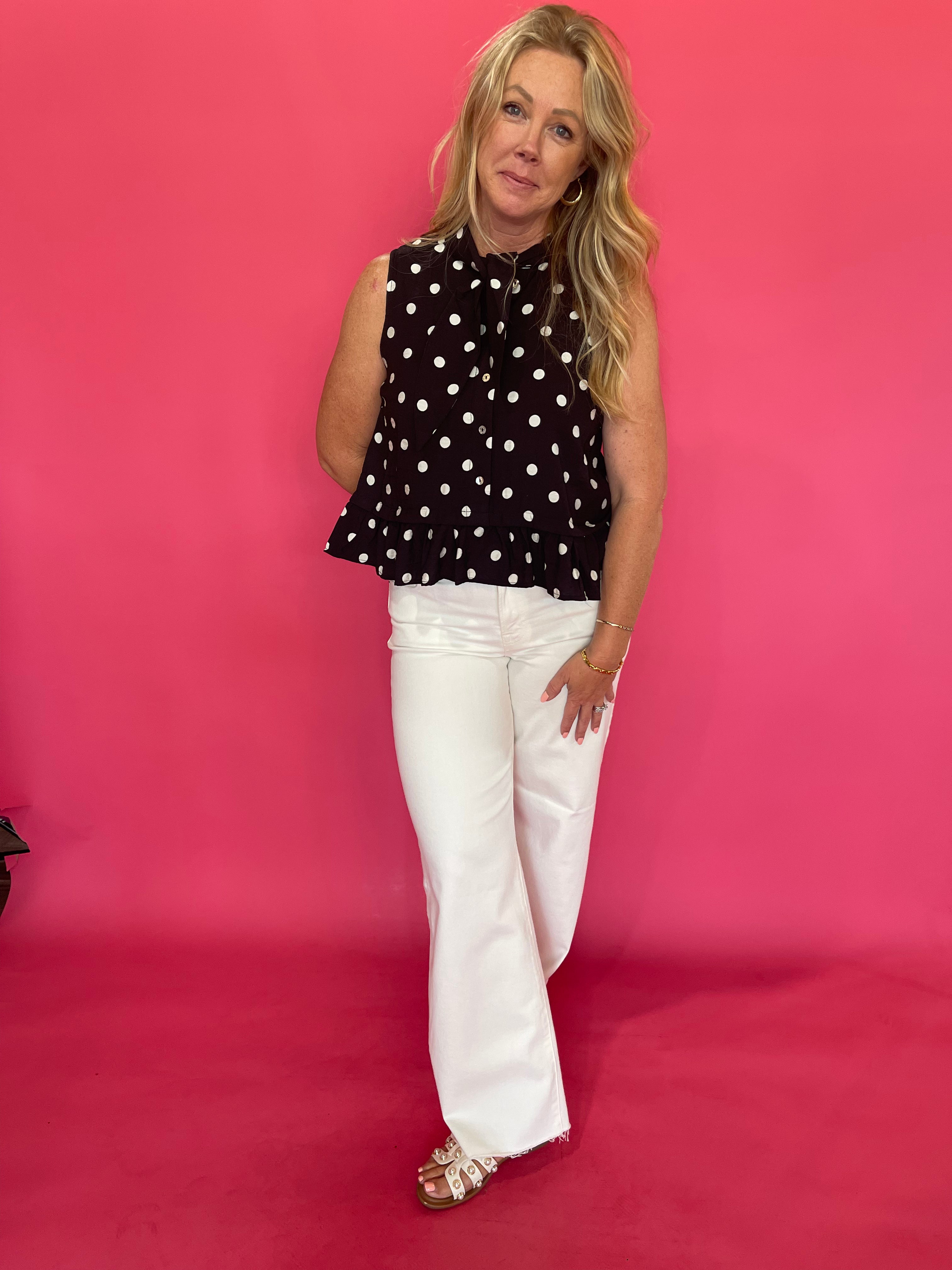 Polka Dot Tie Neck Sleeveless Blouse