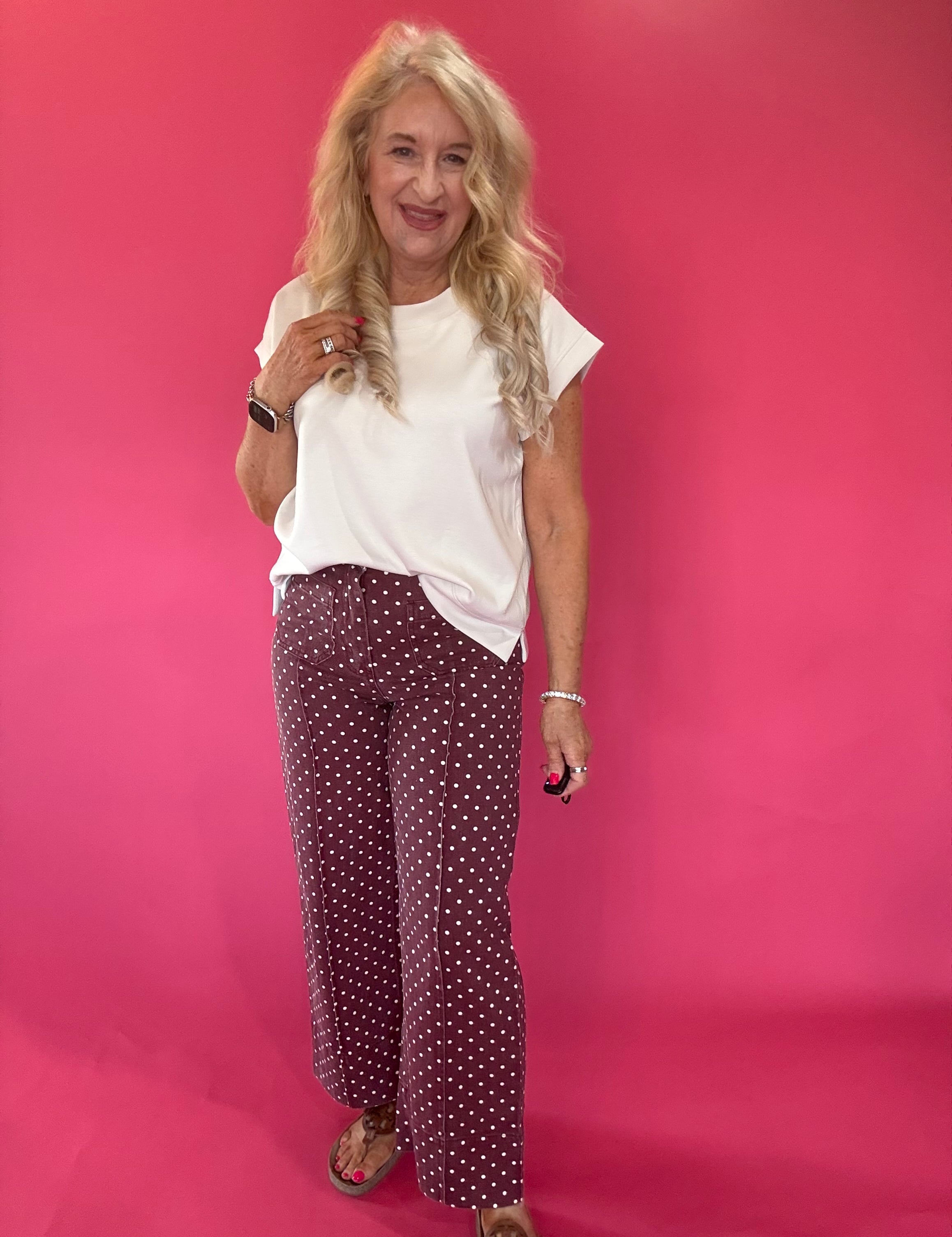 Pretty in Dots Wide-Leg Polka Dot Pants in Burgundy