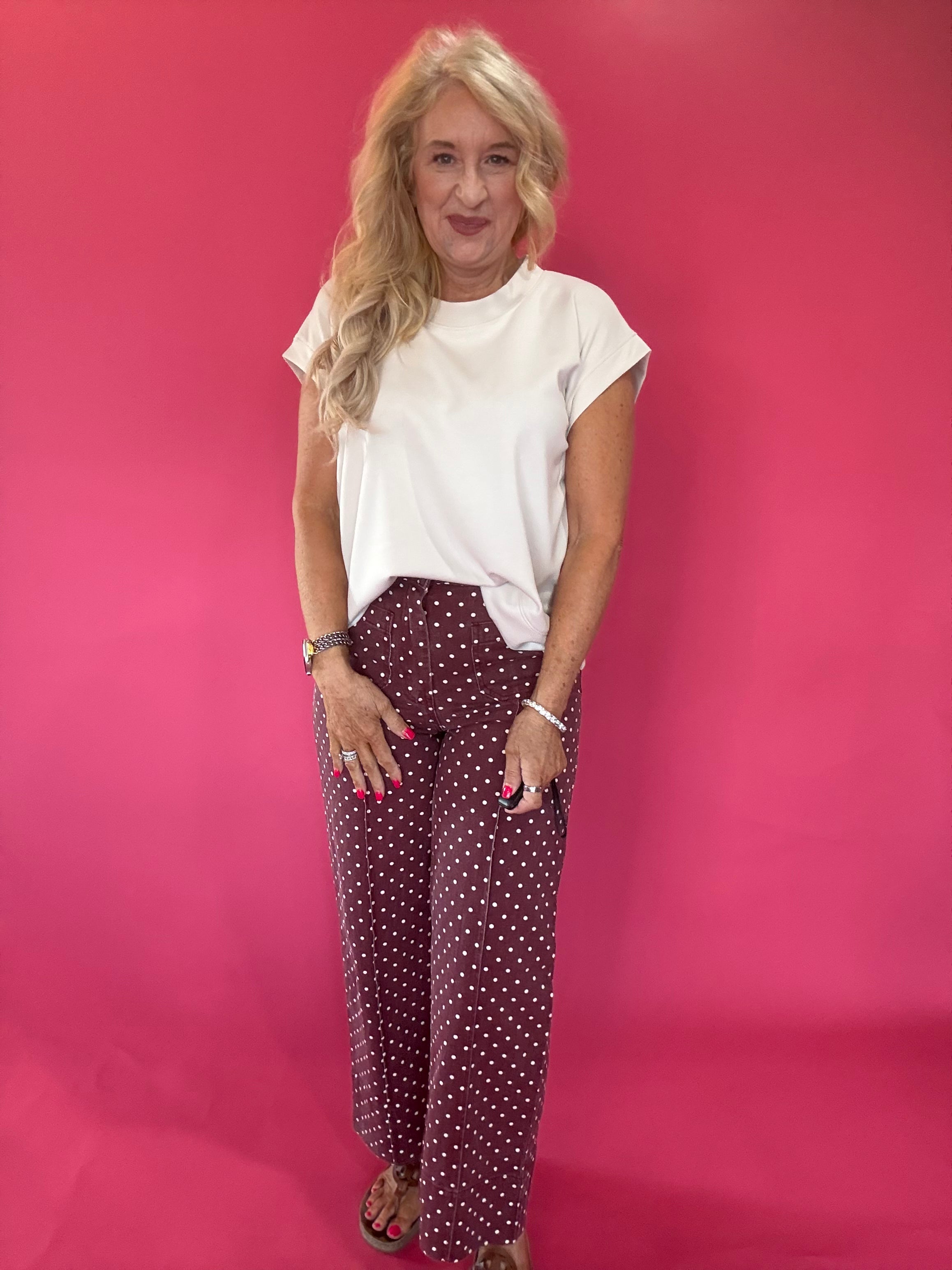 Pretty in Dots Wide-Leg Polka Dot Pants in Burgundy