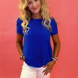 Prim And Proper Front Pleat Short Sleeve Top in Blue