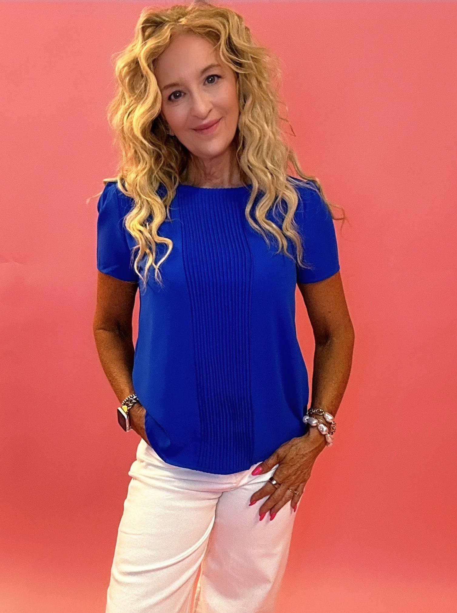 Prim And Proper Front Pleat Short Sleeve Top in Blue