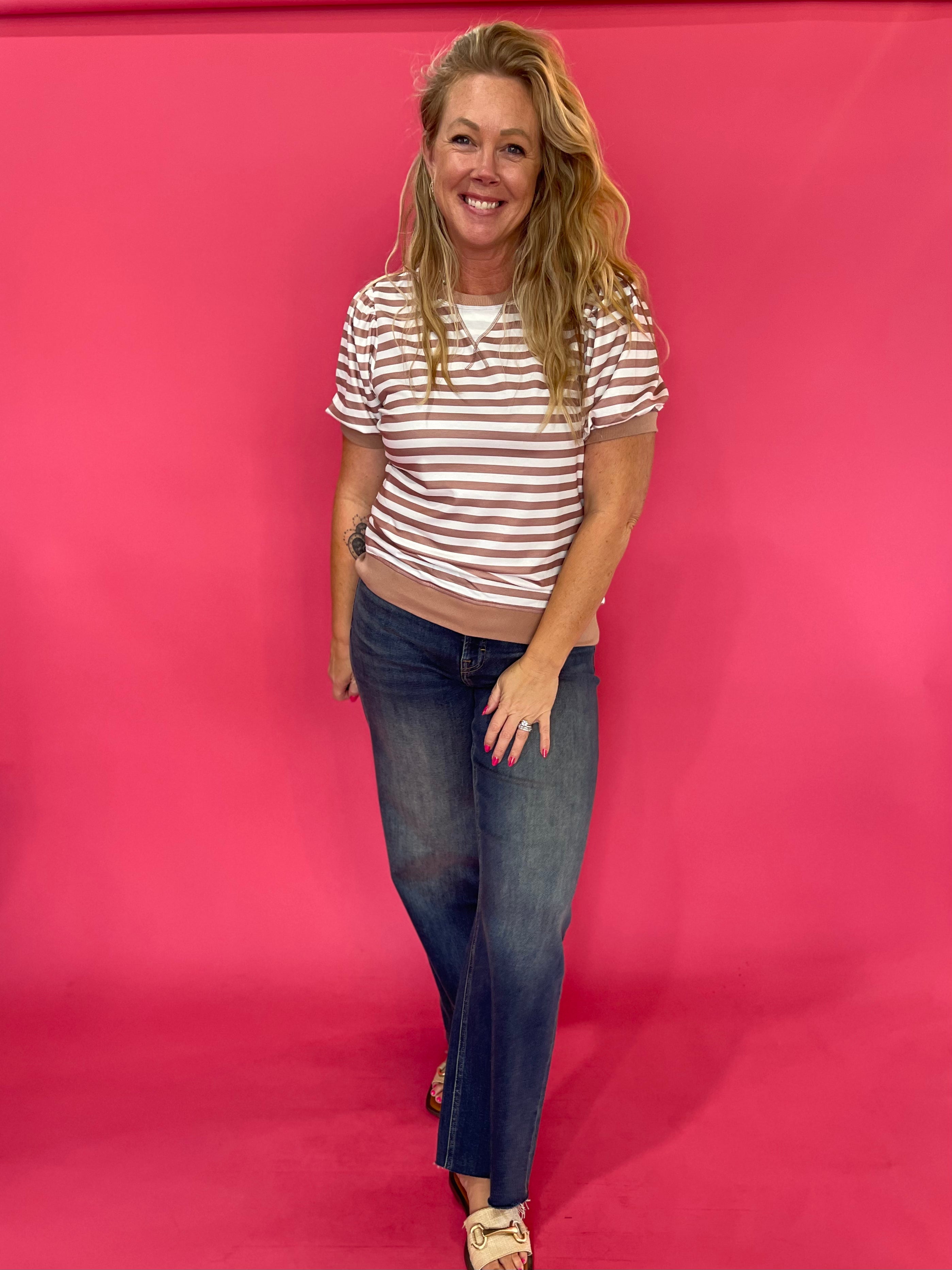 Puff, Puff, Pass the Compliments Striped Top in Rust