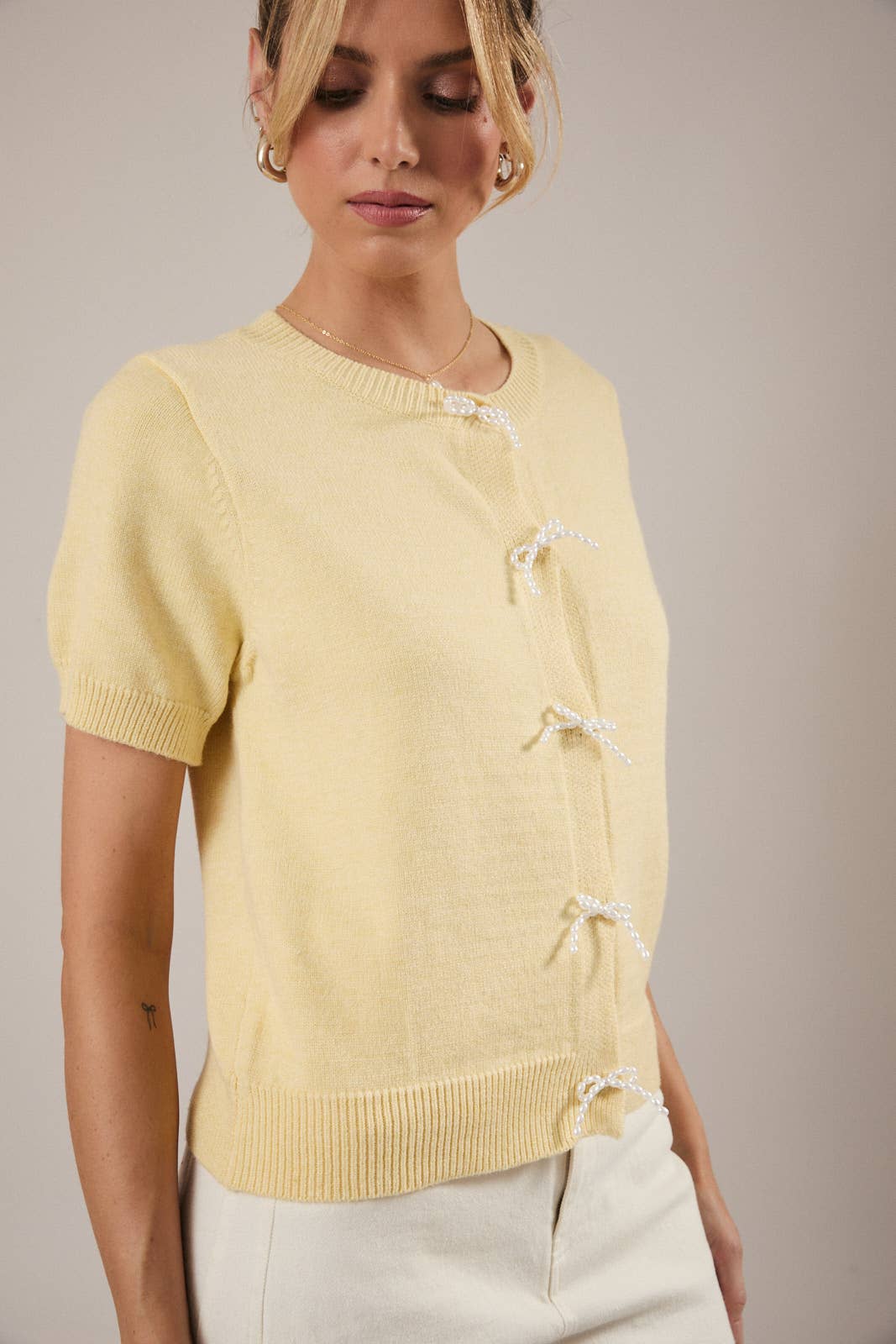 Sweet Pearl Bow Cardigan in Yellow