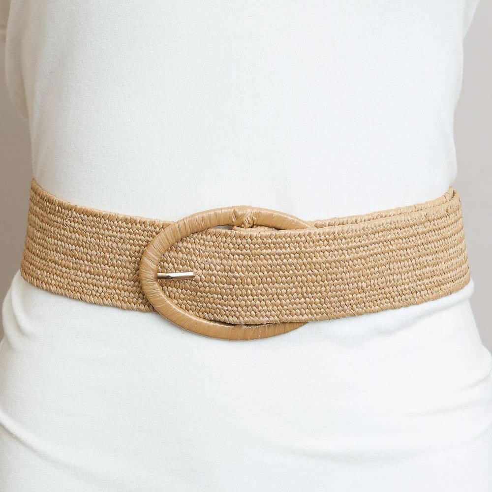 Raffia Oval Buckle Belt in Tan