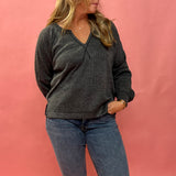 Ramey Split Neck Long Sleeve Knit Top in Grey