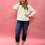 Ramey Split Neck Long Sleeve Knit Top in Taupe