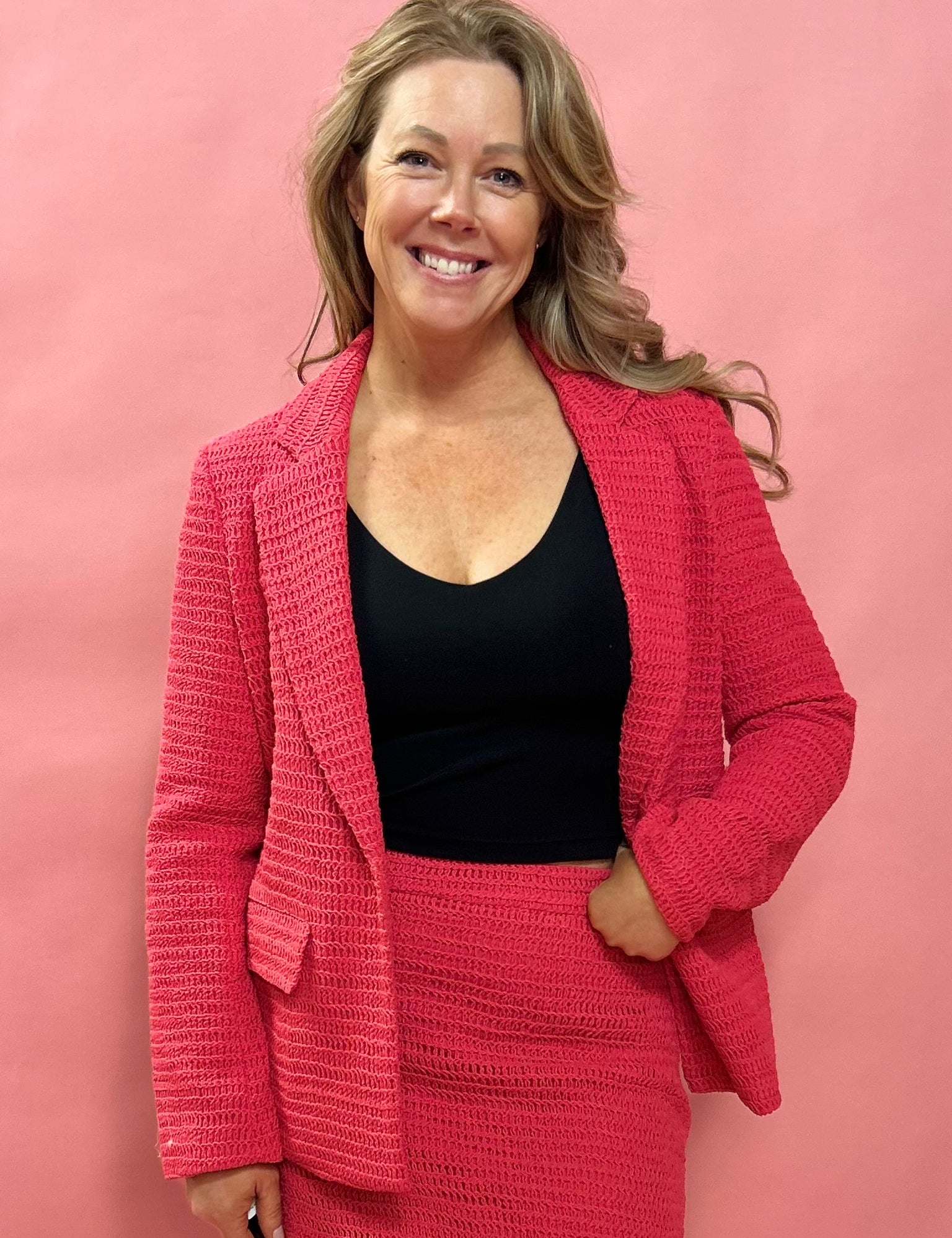 Raspberry Chic Crochet Blazer with Flap Pockets