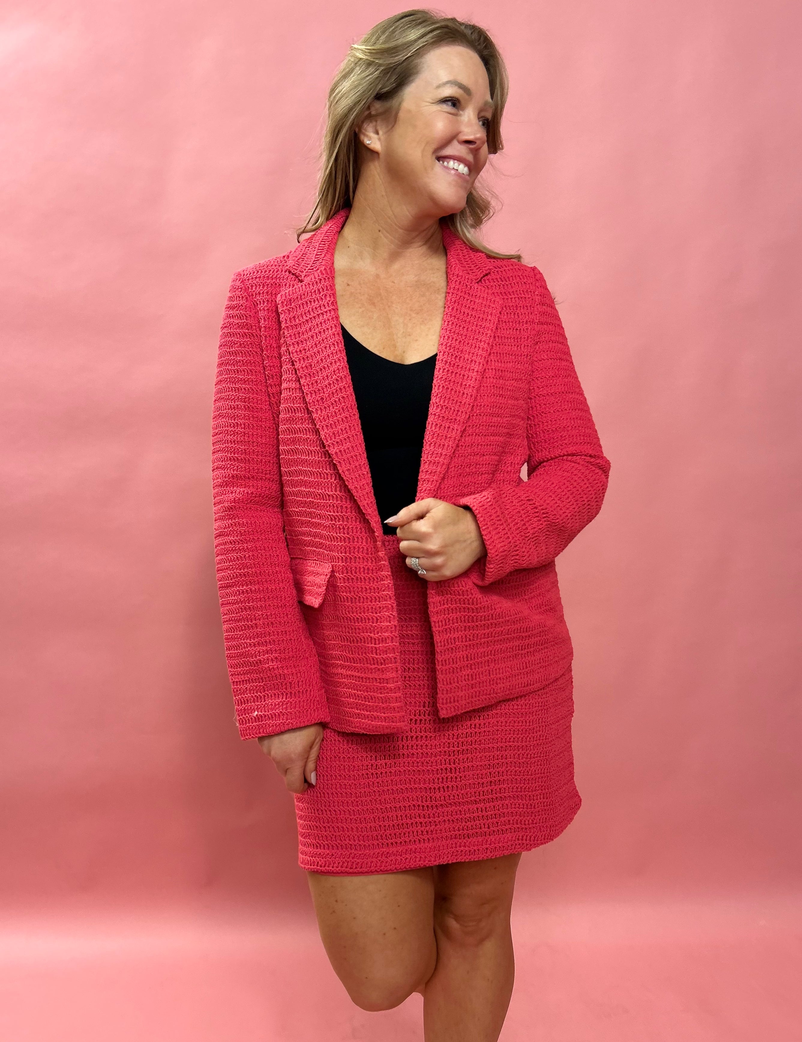 Raspberry Chic Crochet Blazer with Flap Pockets