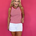 Red Hot Round Neck Sleeveless Stripe Tank in Red & White