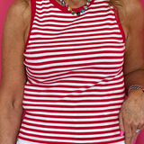 Red Hot Round Neck Sleeveless Stripe Tank in Red & White