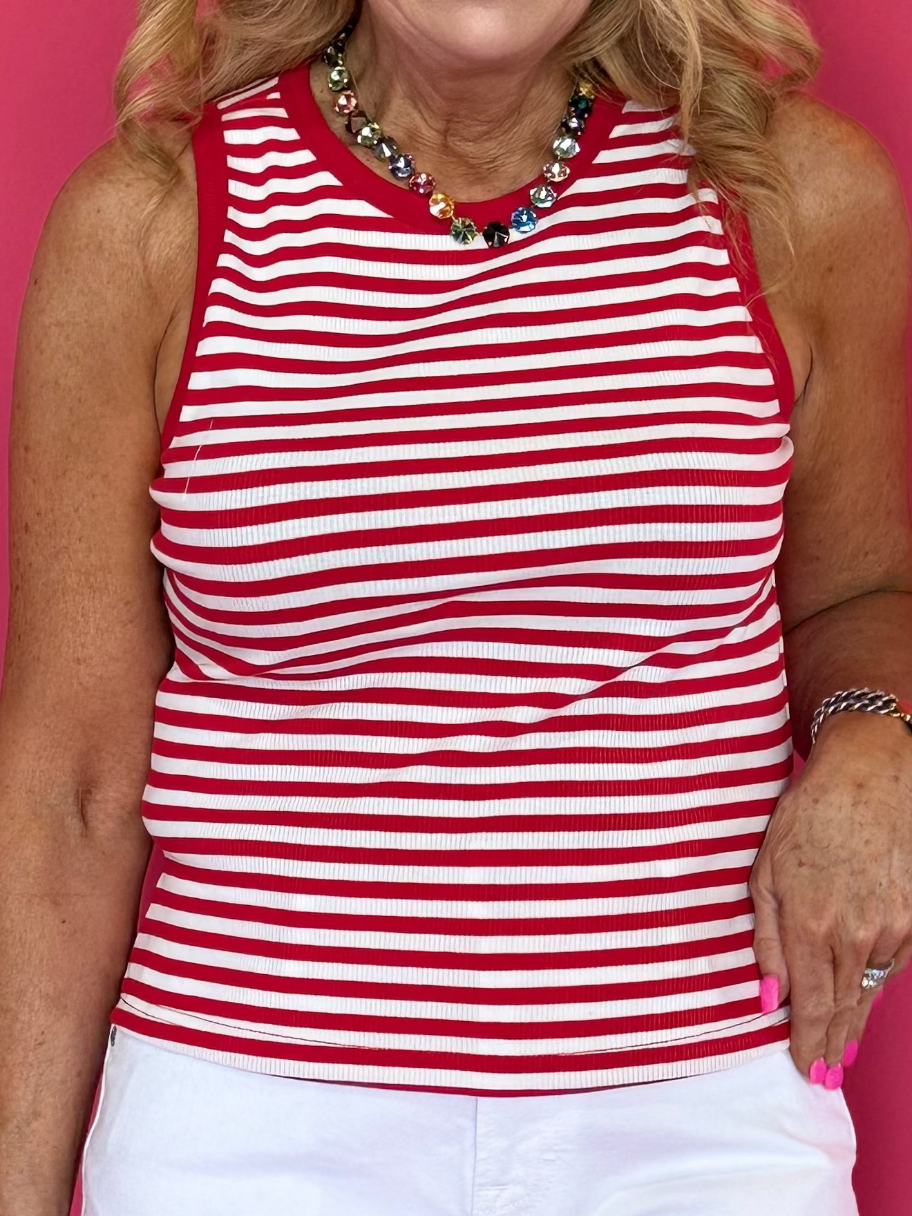 Red Hot Round Neck Sleeveless Stripe Tank in Red & White