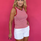 Red Hot Round Neck Sleeveless Stripe Tank in Red & White