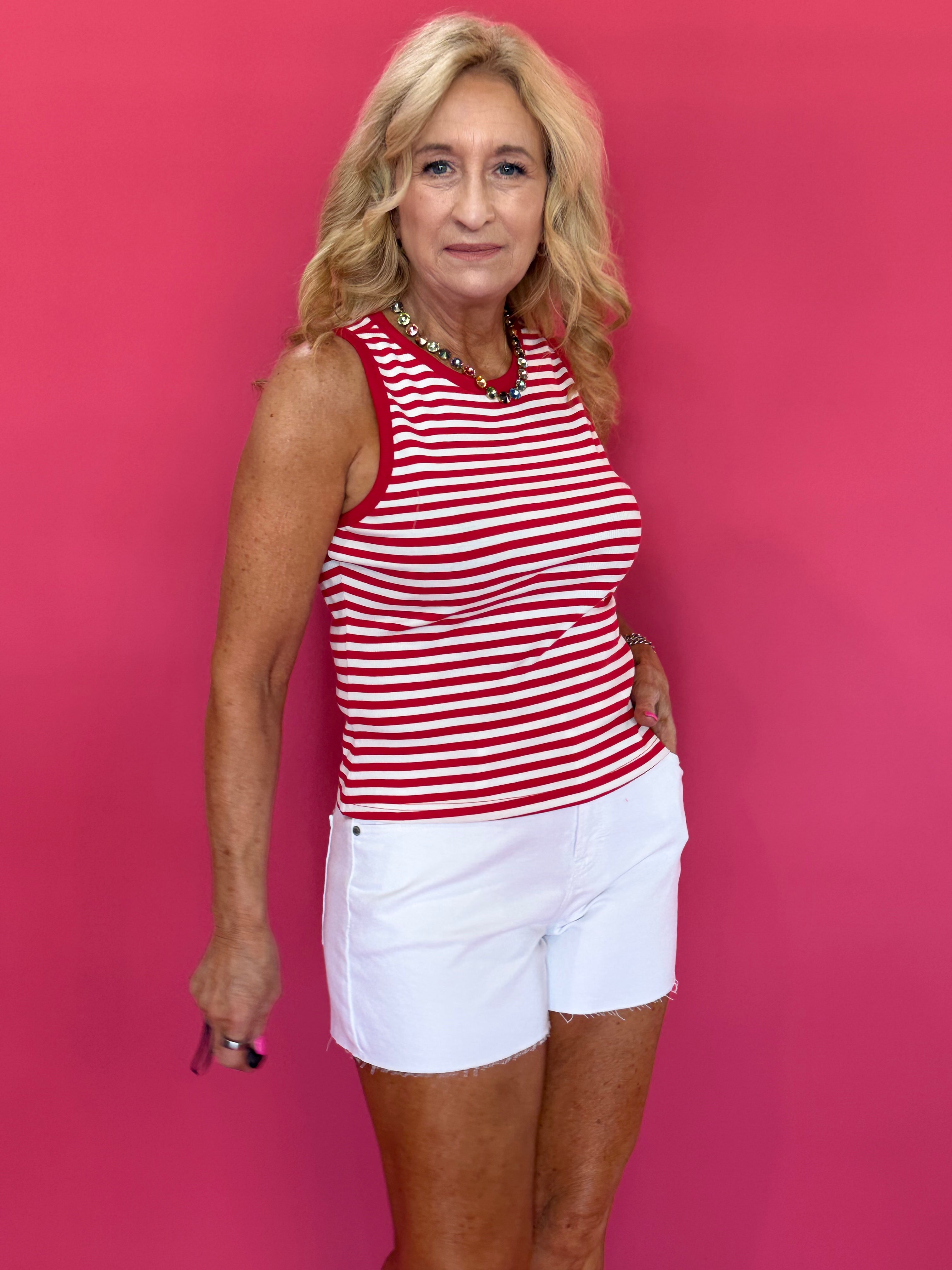 Red Hot Round Neck Sleeveless Stripe Tank in Red & White