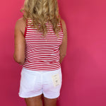 Red Hot Round Neck Sleeveless Stripe Tank in Red & White