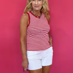 Red Hot Round Neck Sleeveless Stripe Tank in Red & White
