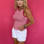 Red Hot Round Neck Sleeveless Stripe Tank in Red & White