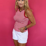 Red Hot Round Neck Sleeveless Stripe Tank in Red & White