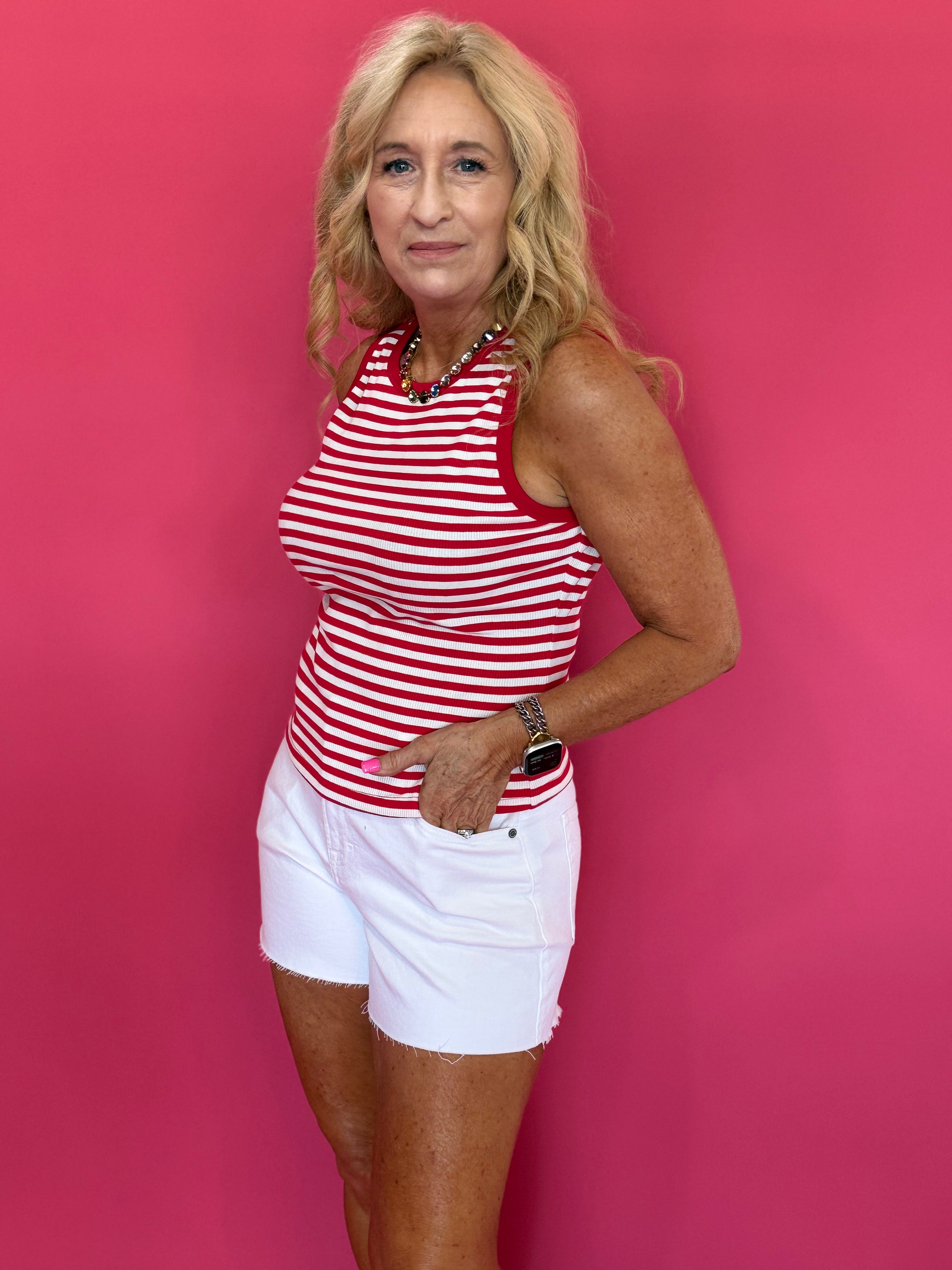 Red Hot Round Neck Sleeveless Stripe Tank in Red & White