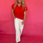 Red lightweight woven top with ruffle mock neckline, partial button front and cap sleeves – Shabby 2 Chic Boutiques