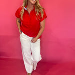 Red lightweight woven top with ruffle mock neckline, partial button front and cap sleeves – Shabby 2 Chic Boutiques