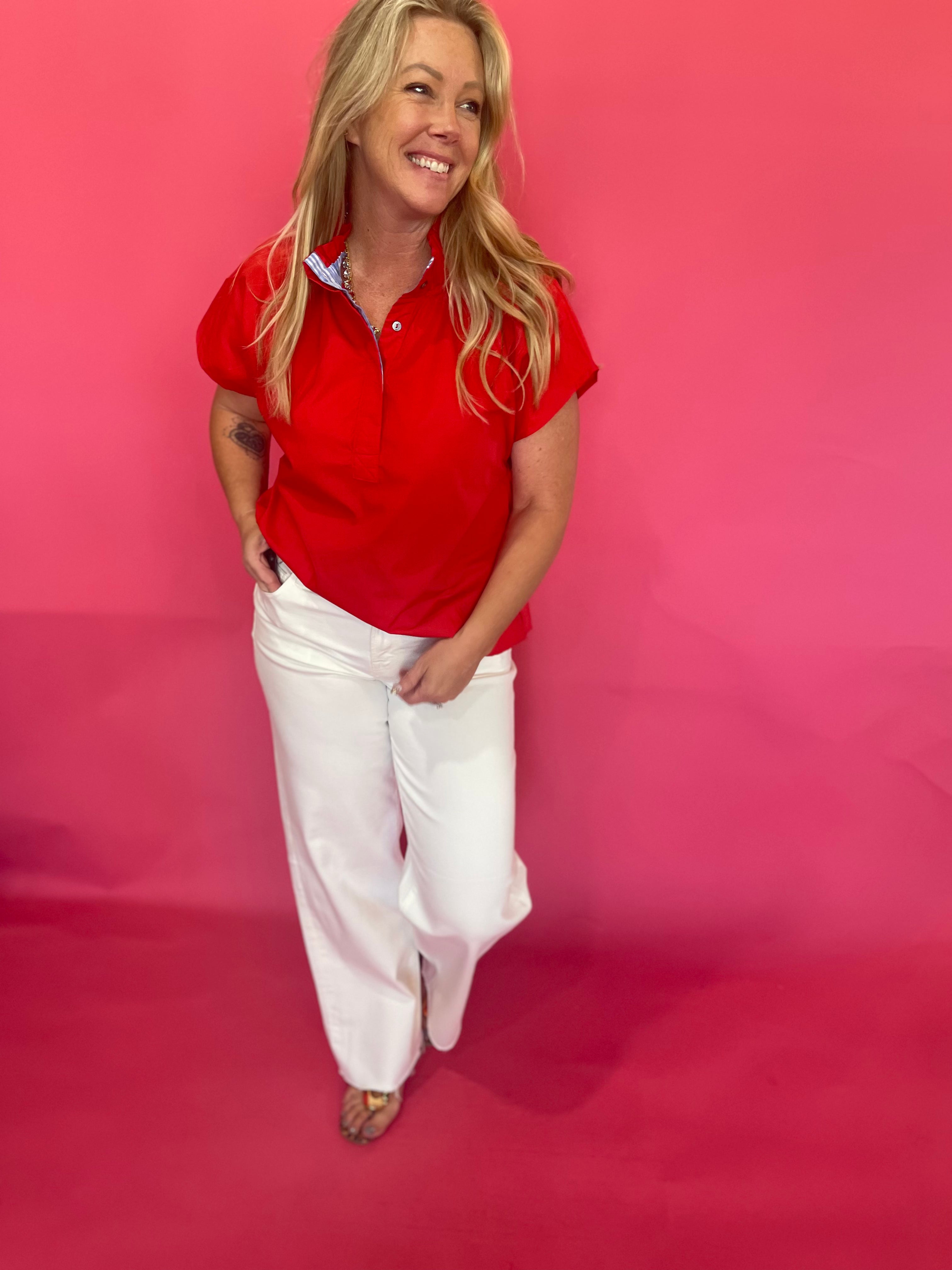 Red lightweight woven top with ruffle mock neckline, partial button front and cap sleeves – Shabby 2 Chic Boutiques