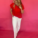 Red lightweight woven top with ruffle mock neckline, partial button front and cap sleeves – Shabby 2 Chic Boutiques