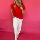 Red lightweight woven top with ruffle mock neckline, partial button front and cap sleeves – Shabby 2 Chic Boutiques