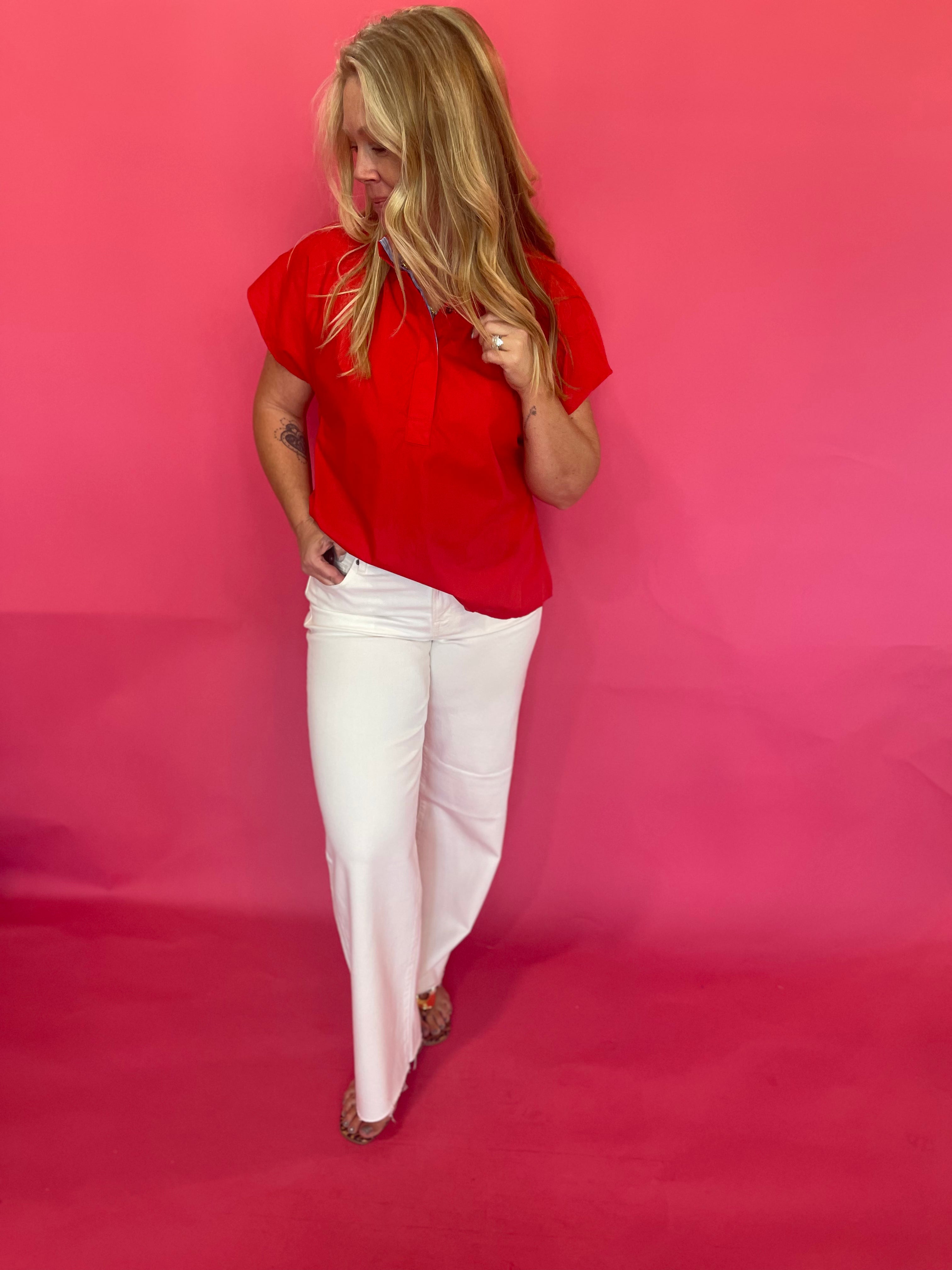 Red lightweight woven top with ruffle mock neckline, partial button front and cap sleeves – Shabby 2 Chic Boutiques