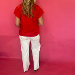 Red lightweight woven top with ruffle mock neckline, partial button front and cap sleeves – Shabby 2 Chic Boutiques