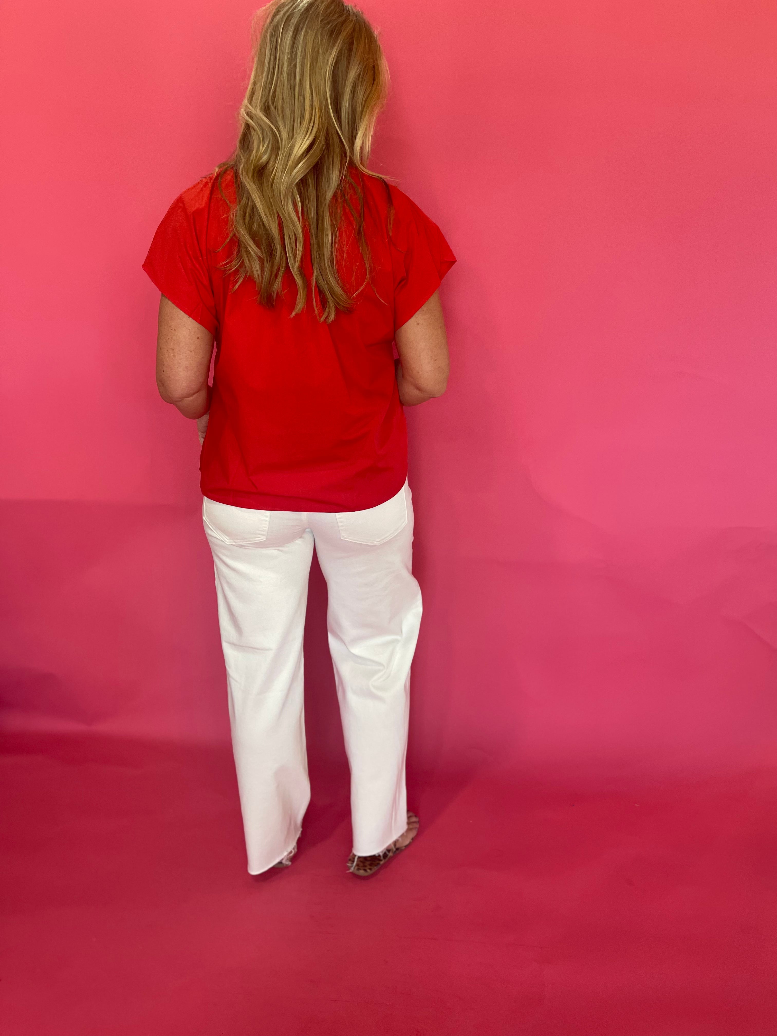 Red lightweight woven top with ruffle mock neckline, partial button front and cap sleeves – Shabby 2 Chic Boutiques