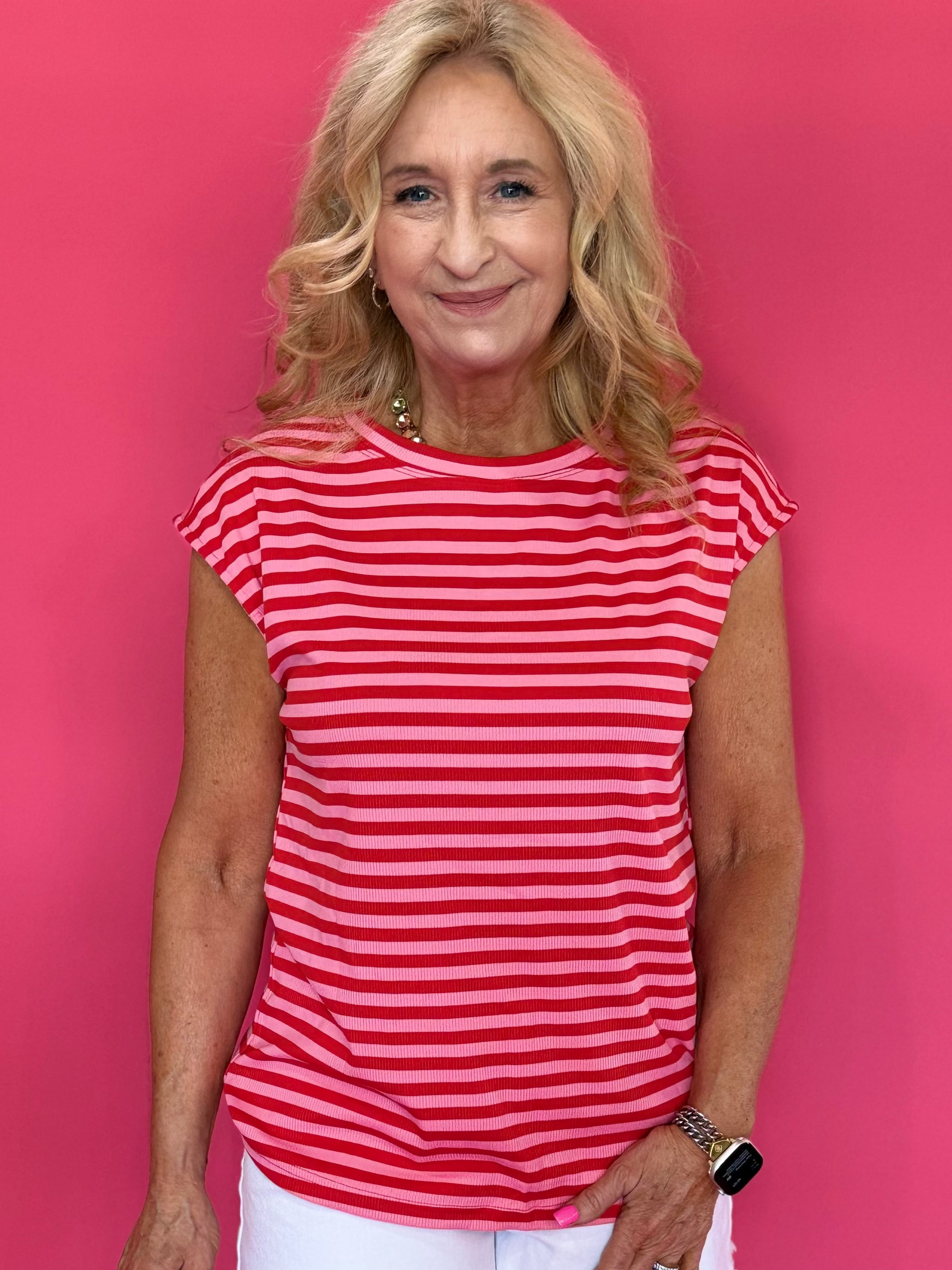 Red Skies Stripe Ribbed Cap Sleeve Tee