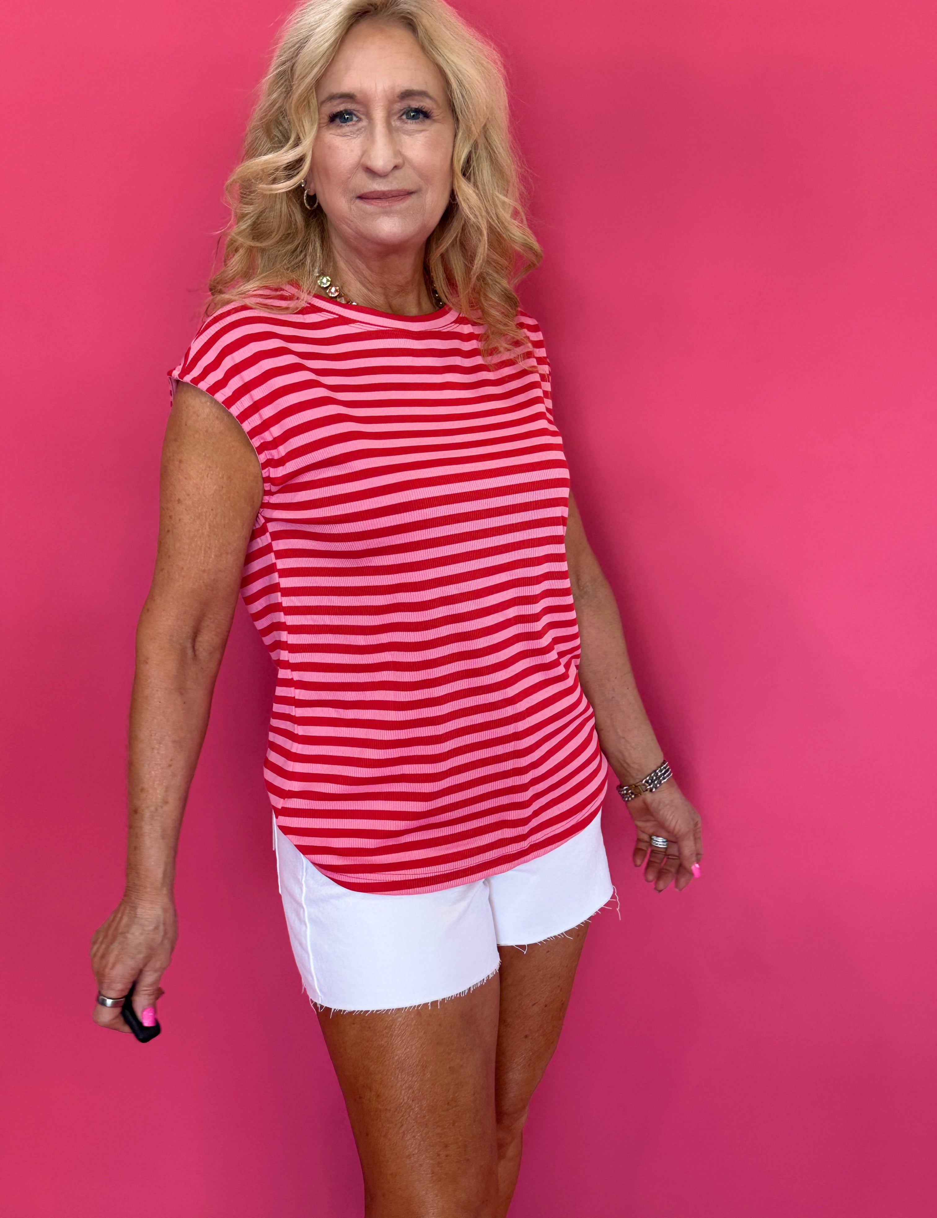 Red Skies Stripe Ribbed Cap Sleeve Tee