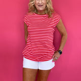 Red Skies Stripe Ribbed Cap Sleeve Tee