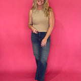Back view of the mocha ribbed sweater knit tank showing the fitted body and shoulder straps