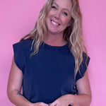 Ribbed Trim Cap Sleeve Top in Indigo