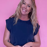 Ribbed Trim Cap Sleeve Top in Indigo