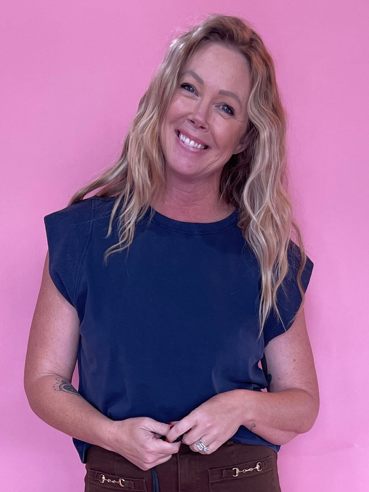 Ribbed Trim Cap Sleeve Top in Indigo