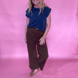 Ribbed Trim Cap Sleeve Top in Indigo