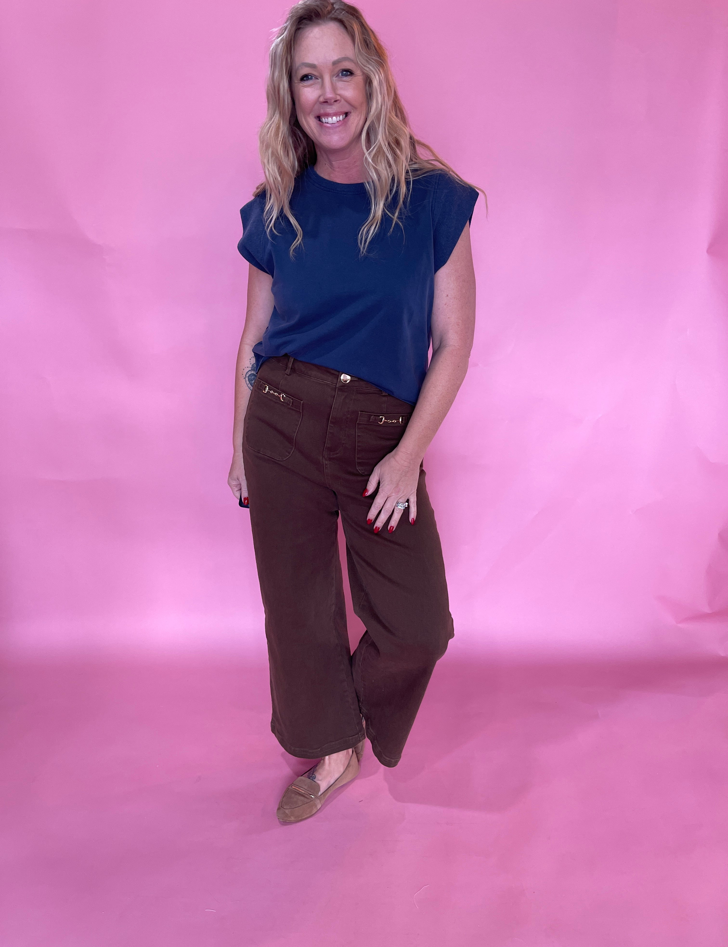 Ribbed Trim Cap Sleeve Top in Indigo