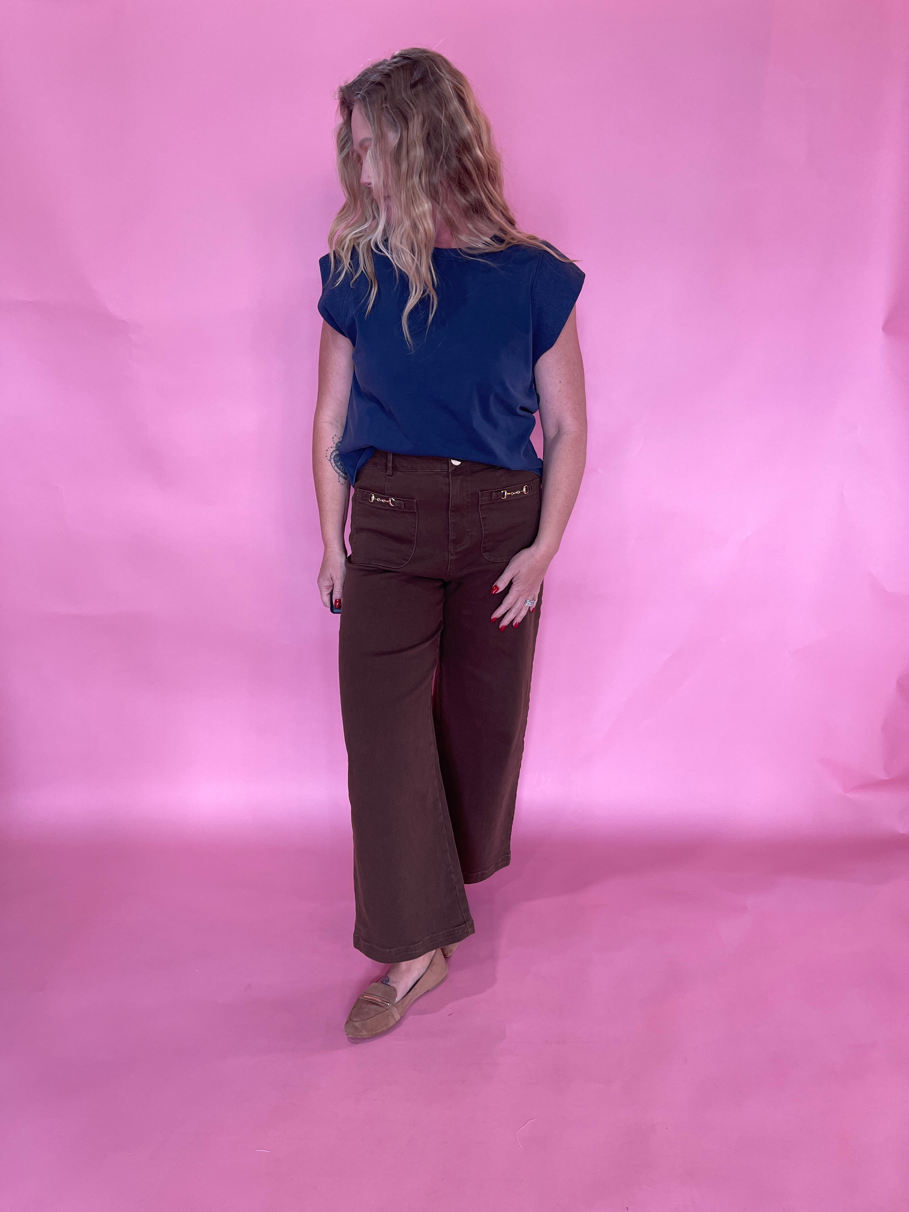 Ribbed Trim Cap Sleeve Top in Indigo