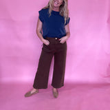 Ribbed Trim Cap Sleeve Top in Indigo
