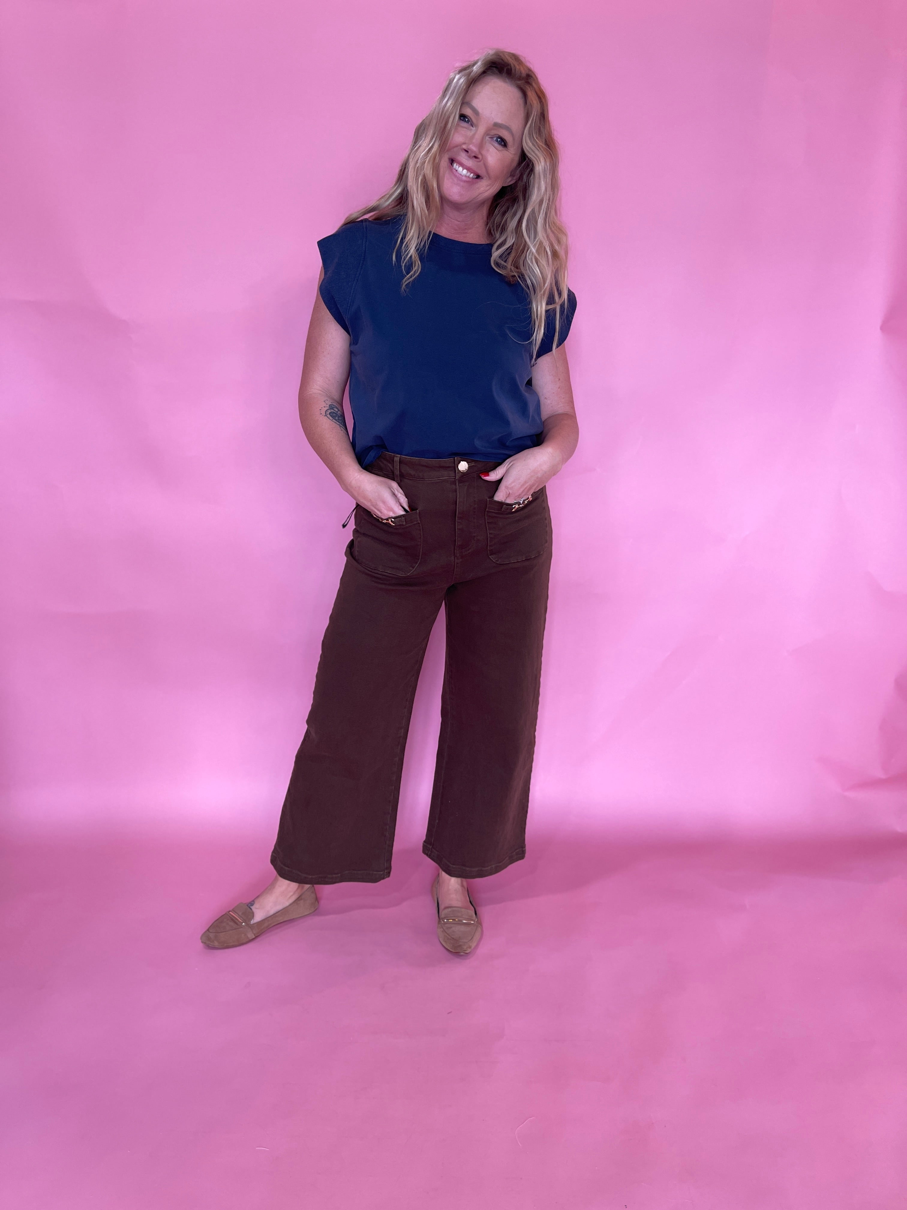 Ribbed Trim Cap Sleeve Top in Indigo