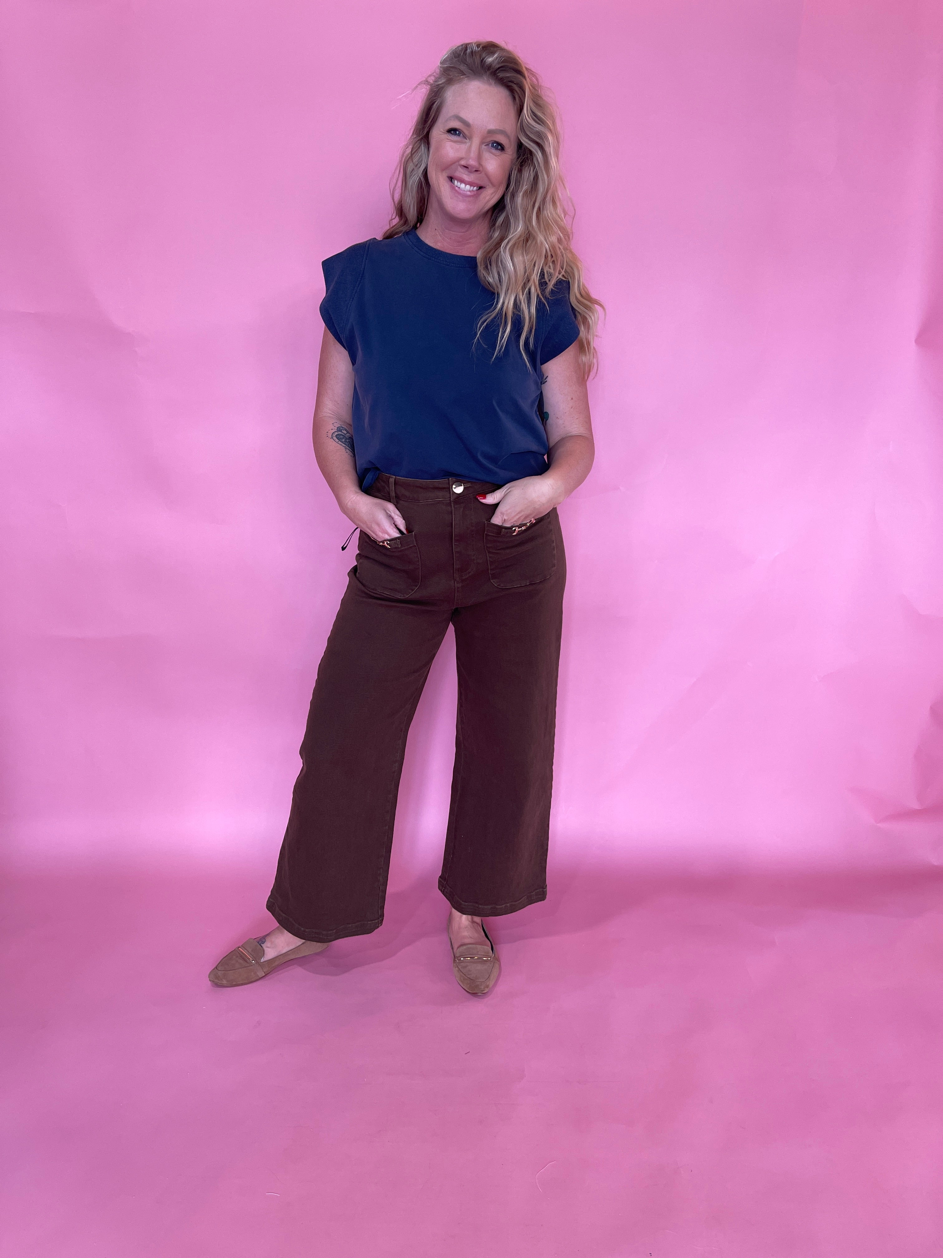 Ribbed Trim Cap Sleeve Top in Indigo